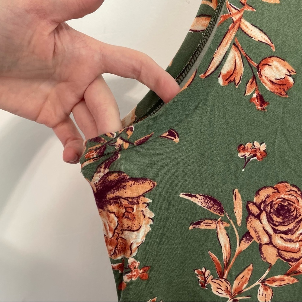 LILY ROSE Olive Green Peach Orange Floral Ruffle Sleeveless Mini Fit Flare Dress - Picture 6 of 12